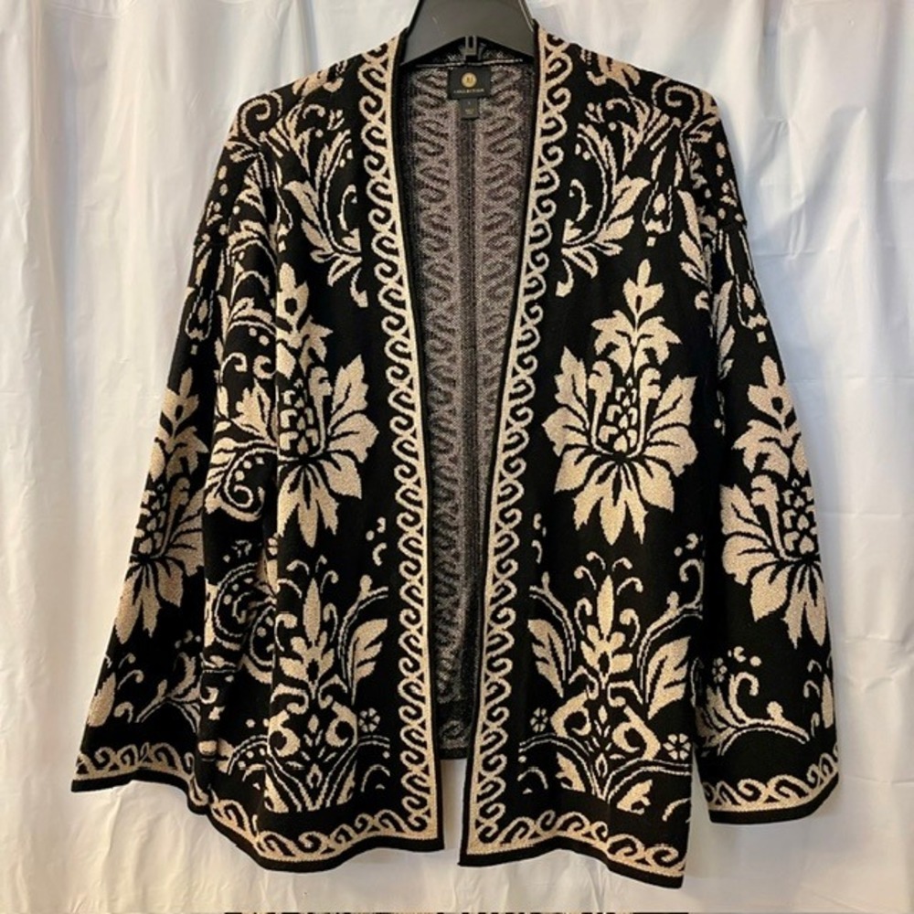 JM Collection Women Black Gold Metallic Damask Jacquard Open Front Cardigan Sz L